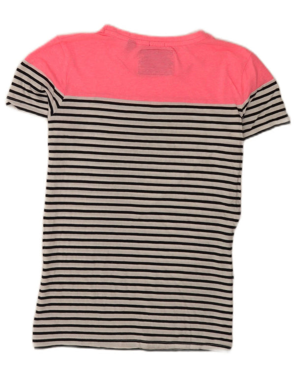Superdry Womens Short Sleeve Regular T-Shirt Top UK 10 Small White Striped