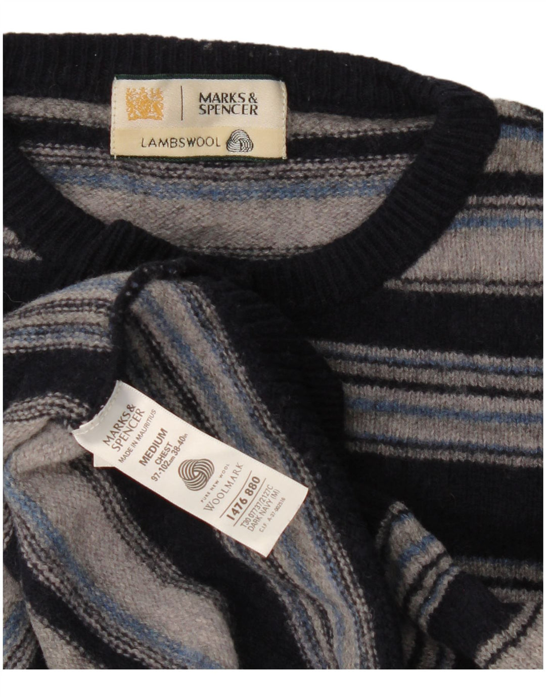 Marks & Spencer Mens Crew Neck Jumper Sweater Medium Navy Blue Striped