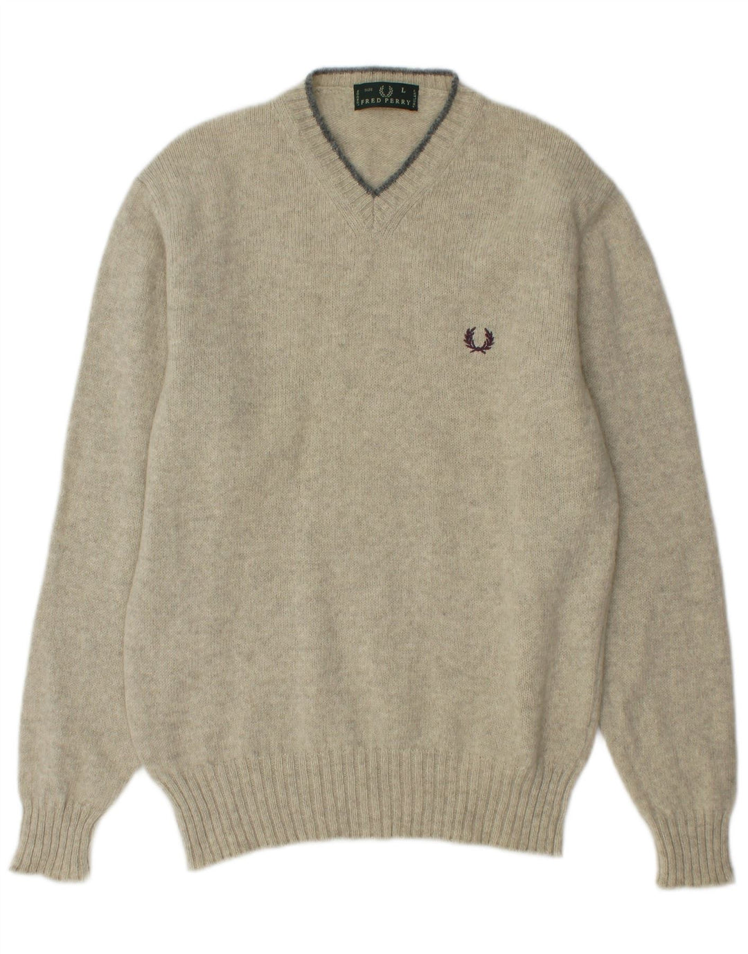 FRED PERRY Mens V-Neck Jumper Sweater Large Green Wool