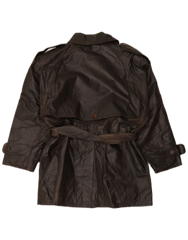 VINTAGE Womens Double Breasted Leather Coat EU 38 Medium Brown Leather