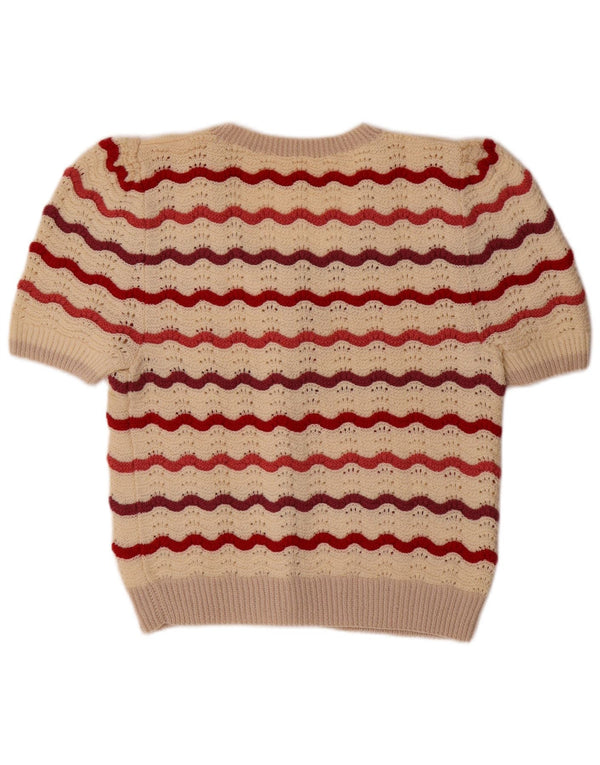 VINTAGE Womens Short Sleeve Cardigan Sweater UK 14 Medium Beige Striped