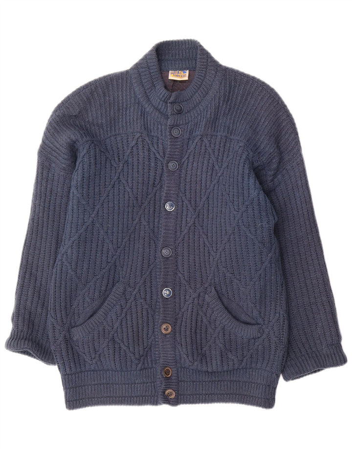 VINTAGE Mens Cardigan Sweater Medium Navy Blue Wool