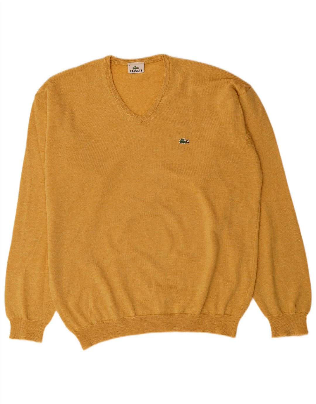 LACOSTE Mens V-Neck Jumper Sweater Size 6 XL Yellow Virgin Wool