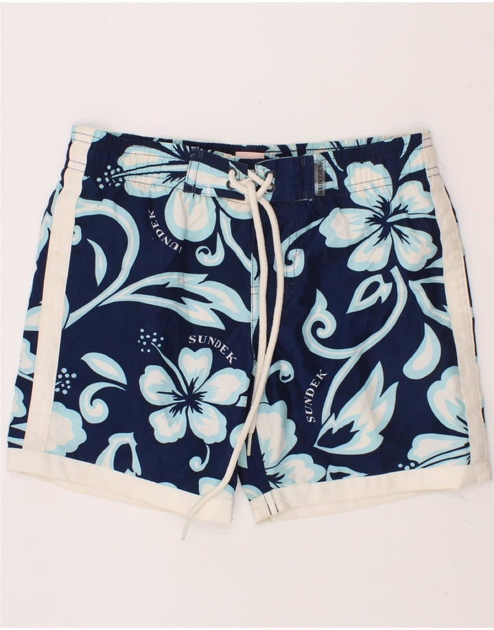 SUNDEK Boys Swimming Shorts 9-10 Years Medium Navy Blue Floral Polyester Vintage Sundek and Second-Hand Sundek from Messina Hembry 