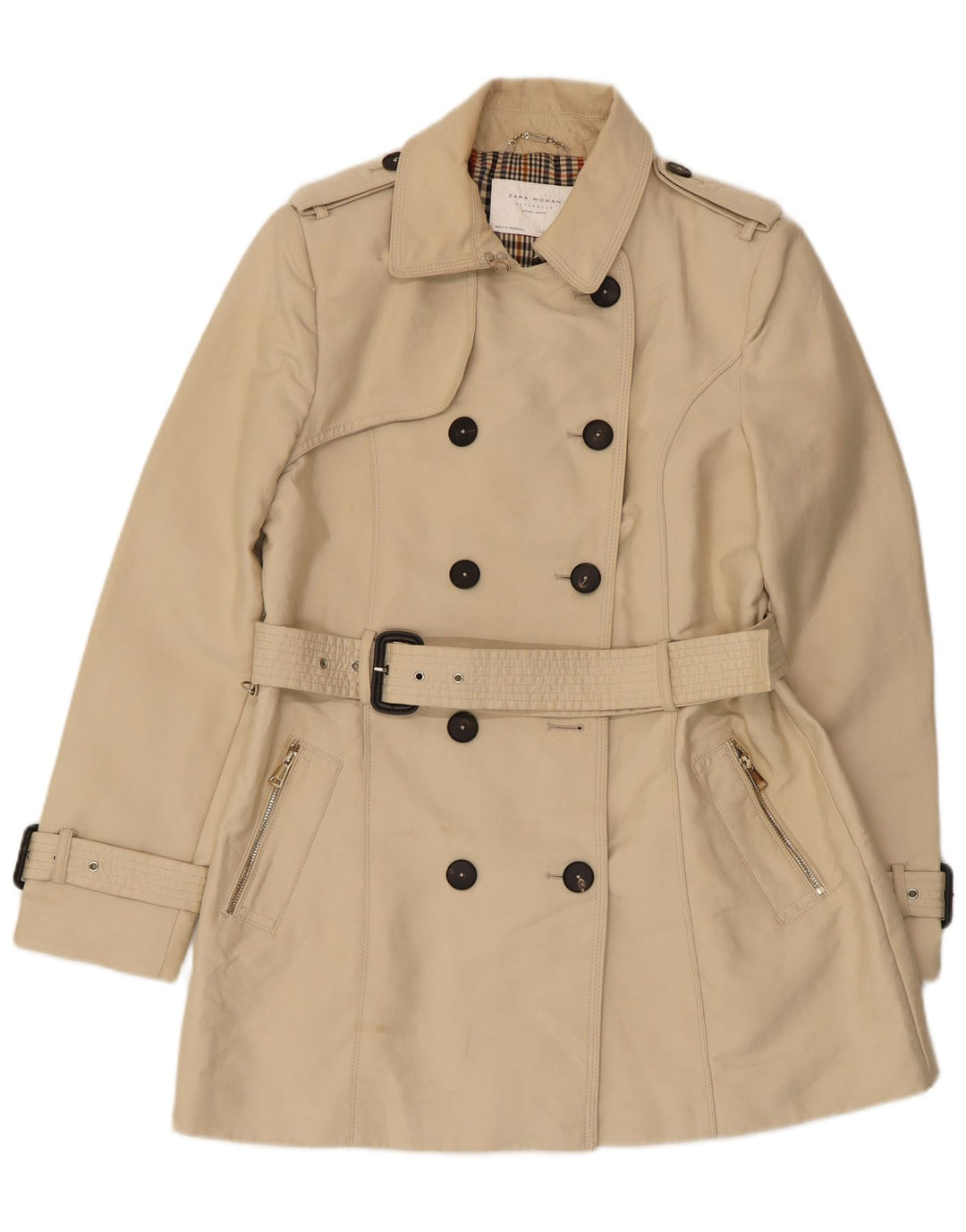Zara Womens Double Breasted Trench Coat UK 18 XL Beige Polyester