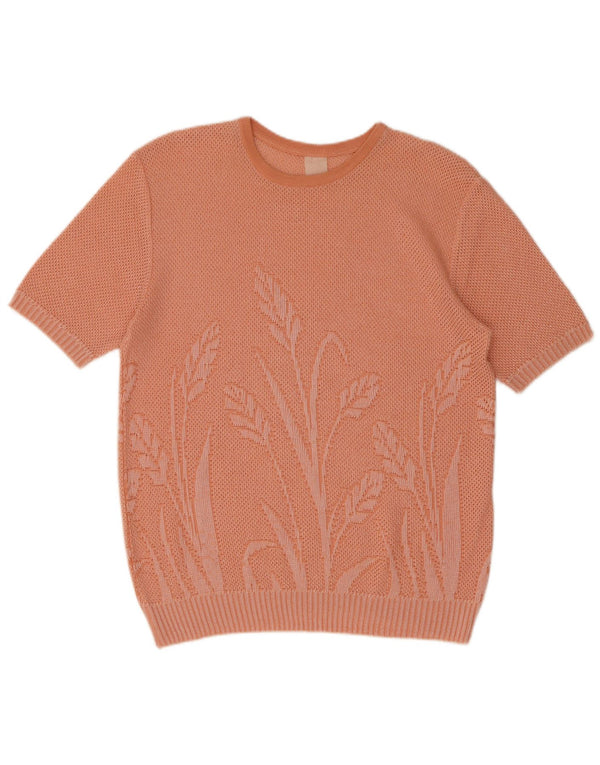 Vintage Womens Graphic Boat Neck Jumper Sweater UK 14 Large Pink Floral
