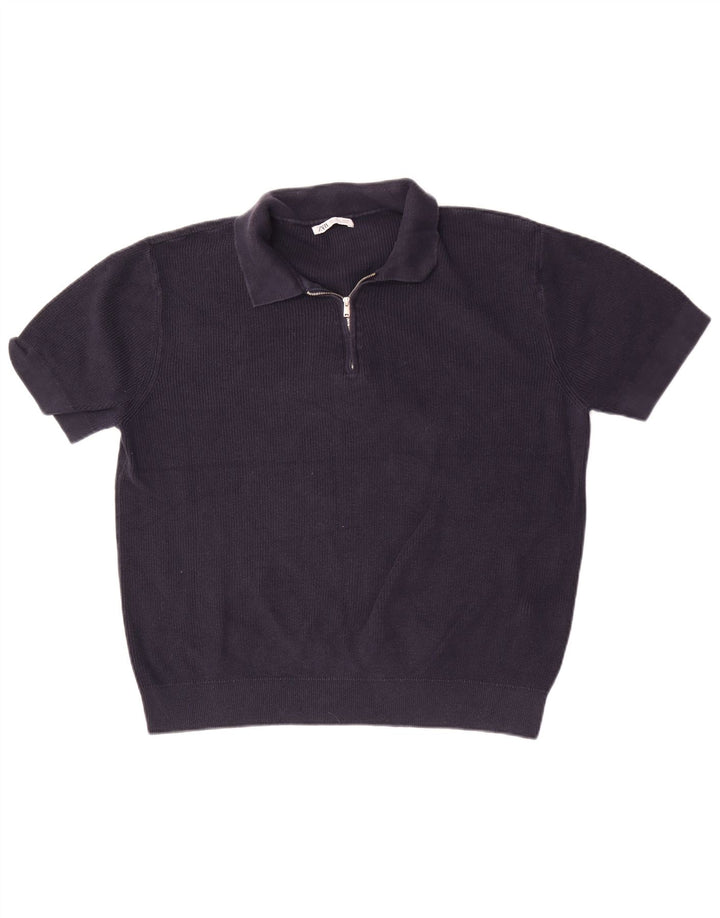 Zara Mens Polo Shirt Large Navy Blue Cotton