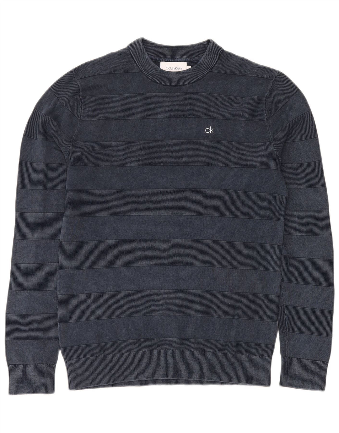 CALVIN KLEIN Mens Crew Neck Jumper Sweater Small Navy Blue Striped Cotton