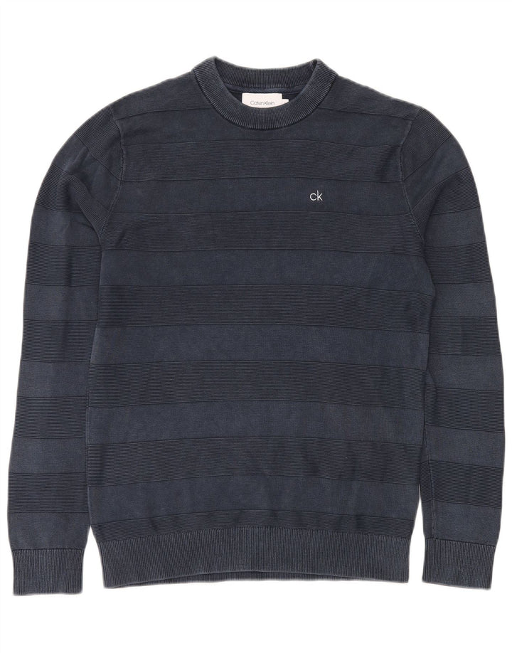 CALVIN KLEIN Mens Crew Neck Jumper Sweater Small Navy Blue Striped Cotton