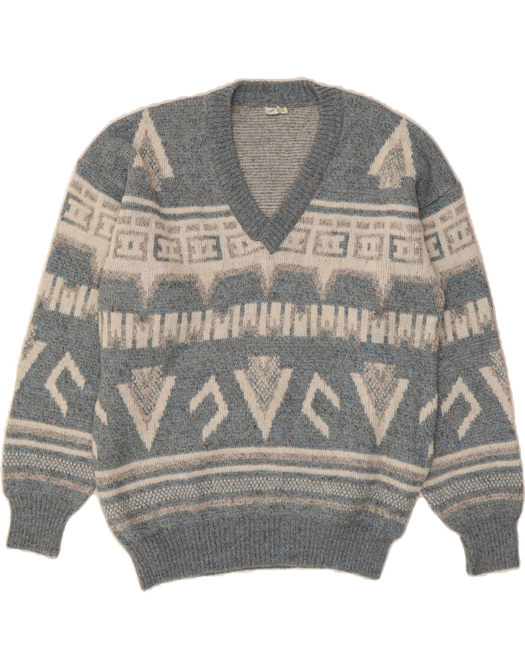 VINTAGE Mens V-Neck Jumper Sweater Medium Blue Geometric Acrylic Vintage Vintage and Second-Hand Vintage from Messina Hembry 