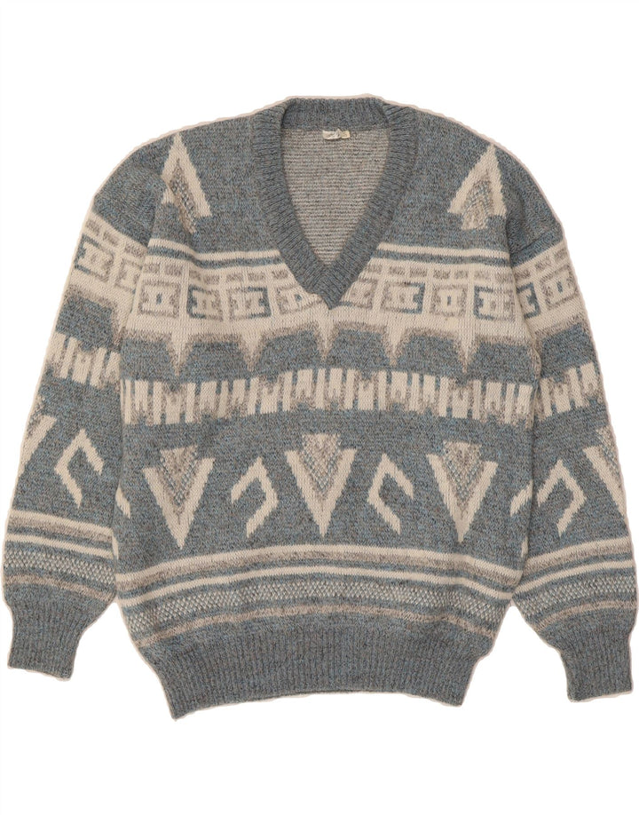 VINTAGE Mens V-Neck Jumper Sweater Medium Blue Geometric Acrylic Vintage Vintage and Second-Hand Vintage from Messina Hembry 