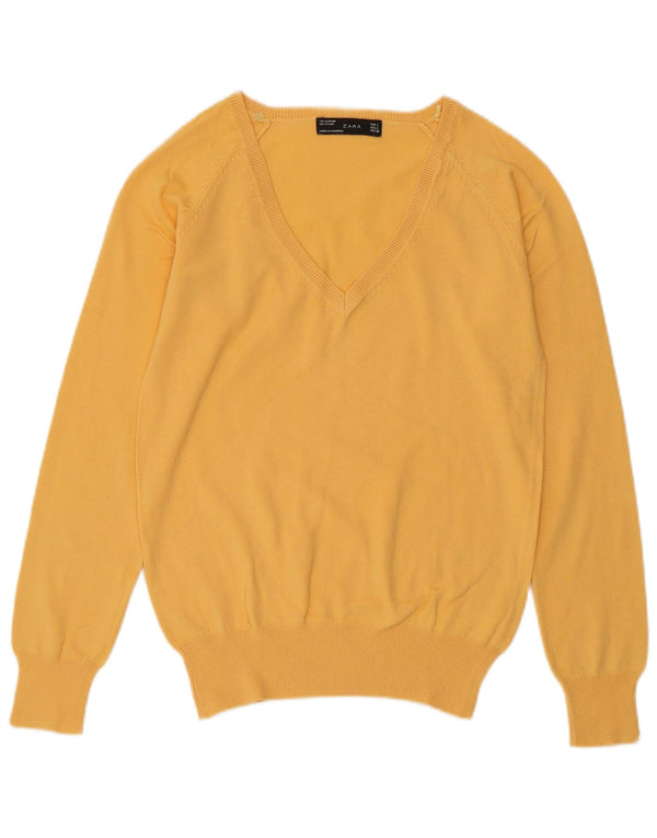 ZARA Womens V-Neck Jumper Sweater UK 14 Large Yellow Cotton