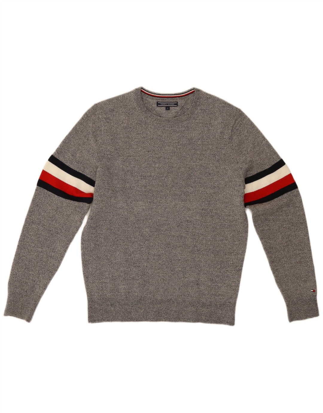 TOMMY HILFIGER Mens Crew Neck Jumper Sweater Medium Grey Colourblock Wool