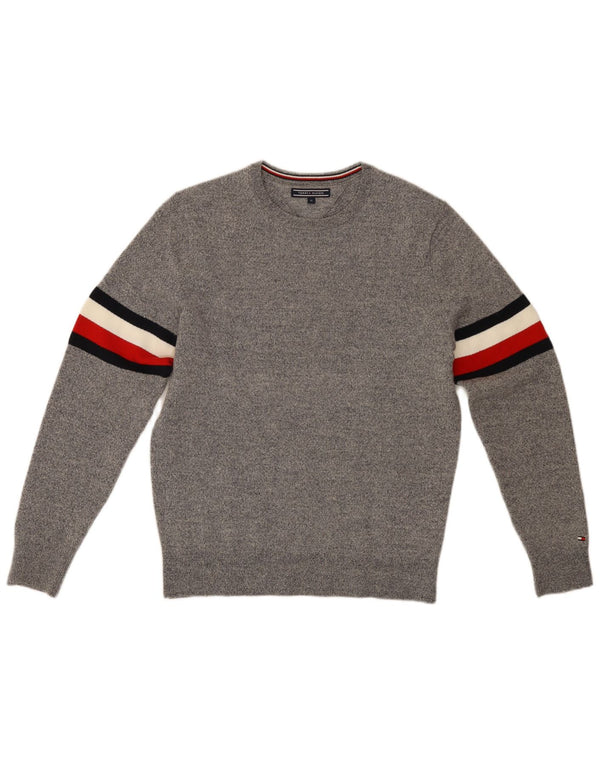 TOMMY HILFIGER Mens Crew Neck Jumper Sweater Medium Grey Colourblock Wool