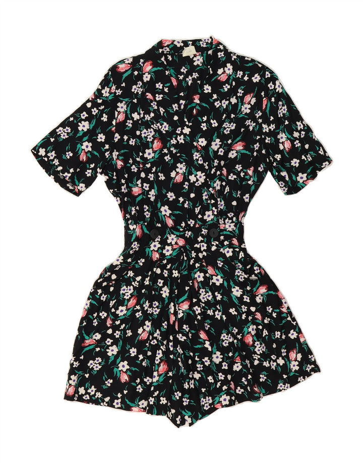 VINTAGE Womens Short Sleeve Playsuit IT 42 Medium  Black Floral Viscose Vintage Vintage and Second-Hand Vintage from Messina Hembry 