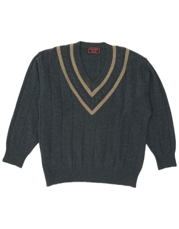 MALAGRIDA Mens V-Neck Jumper Sweater Large Green Wool