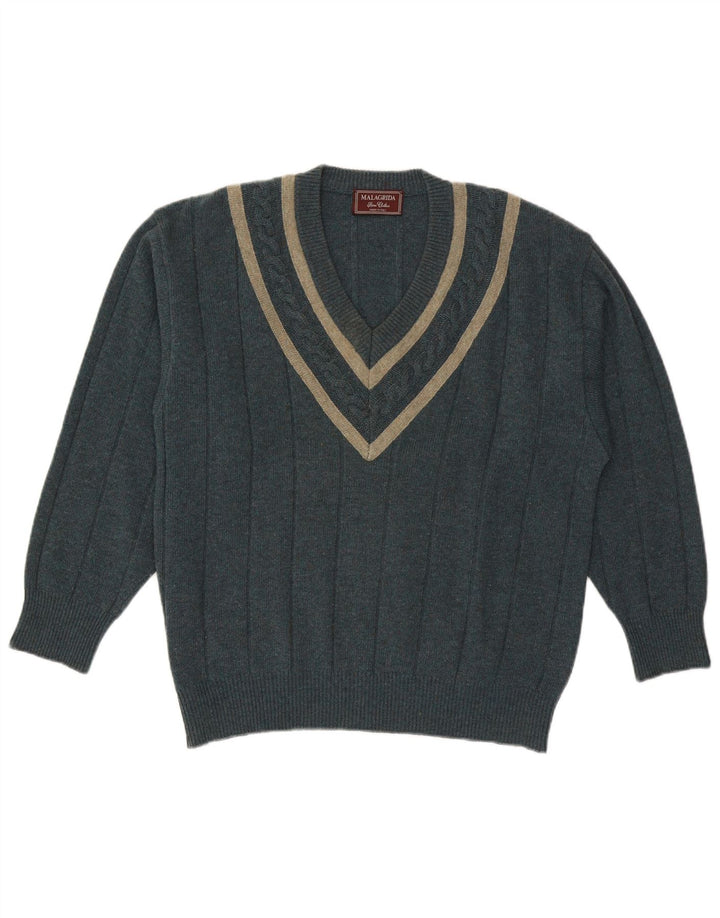 MALAGRIDA Mens V-Neck Jumper Sweater Large Green Wool