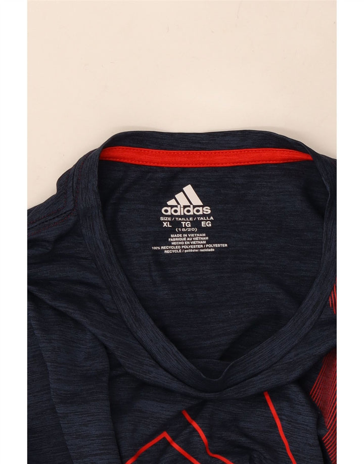 ADIDAS Boys Aeroready Graphic T-Shirt Top 15-16 Years XL Navy Blue Flecked Vintage Adidas and Second-Hand Adidas from Messina Hembry 