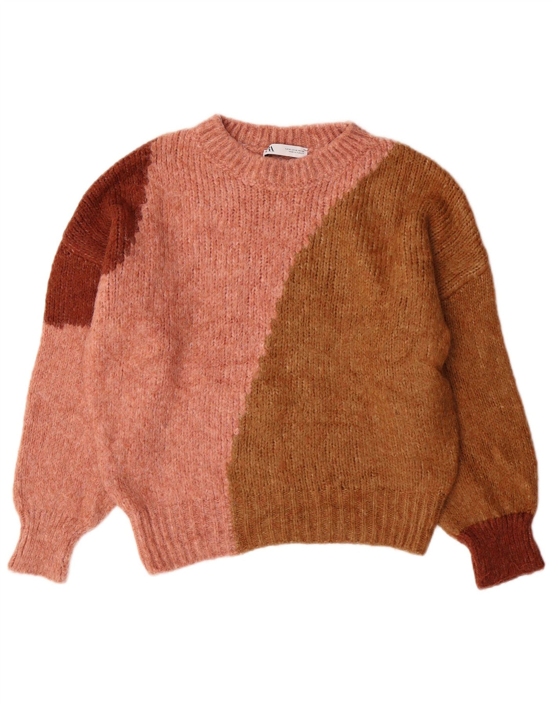 ZARA Womens Crew Neck Jumper Sweater UK 14 Medium Pink Colourblock Acrylic