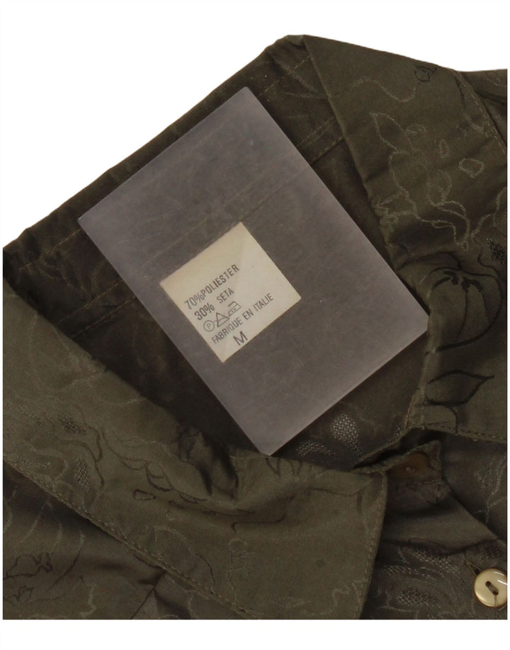 Vintage Womens Shirt Blouse UK 14 Medium Khaki Floral Polyester