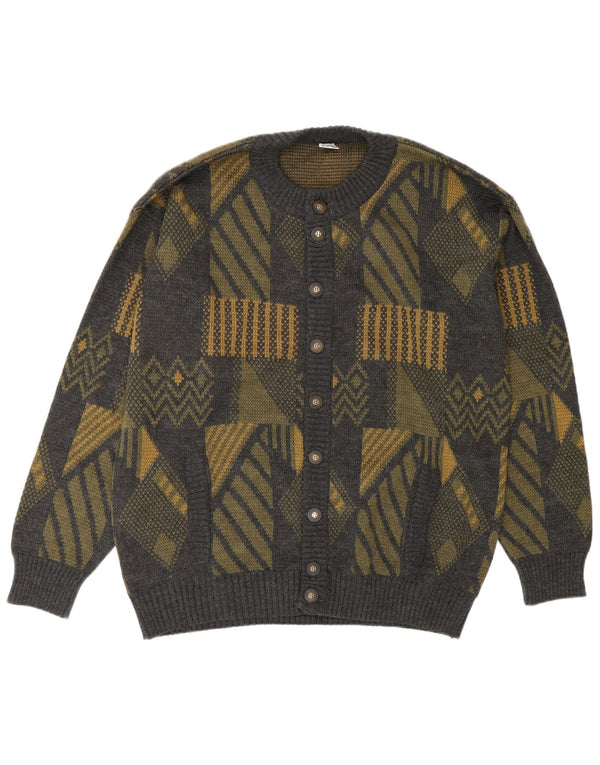Vintage Mens Cardigan Sweater Large Grey Geometric Polyacrylic