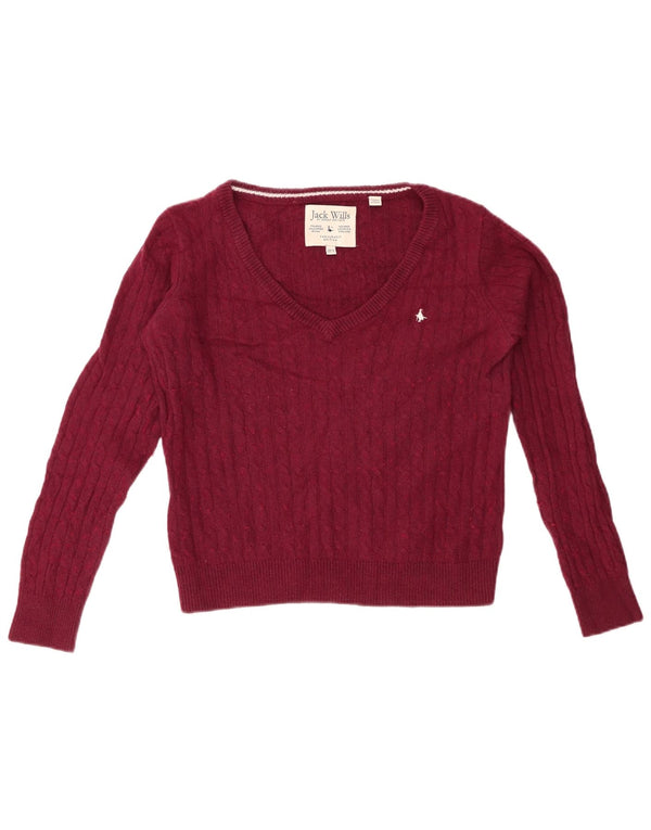 JACK WILLS Womens Crop V-Neck Jumper Sweater UK 10 Small Burgundy Cotton