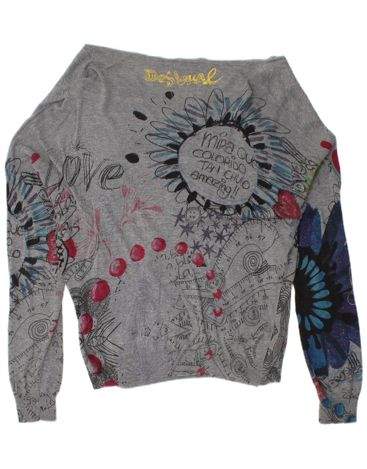 DESIGUAL Womens Graphic Cardigan Sweater UK 16 Large Grey