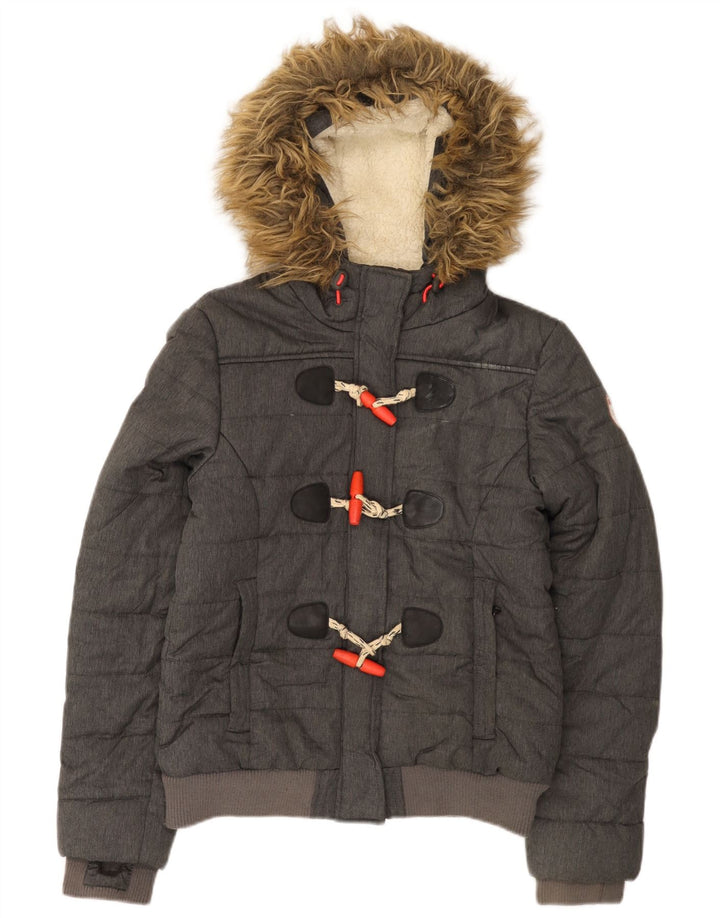Superdry Womens Hooded Padded Jacket UK 12 Medium Grey Polyester