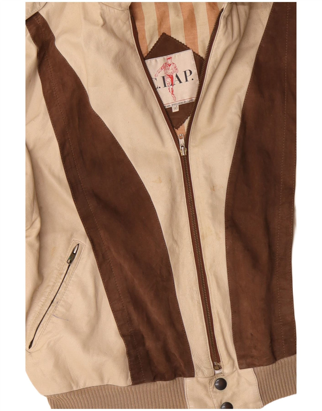 VINTAGE Mens Military Leather Jacket IT 50 Large Beige Colourblock