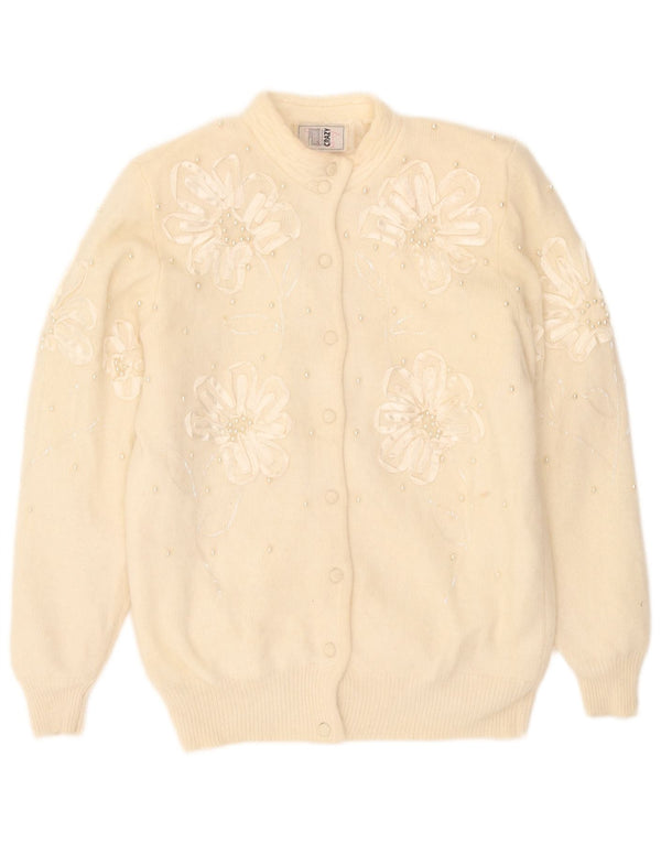 Vintage Womens Cardigan Sweater UK 16 Large Off White Floral Wool