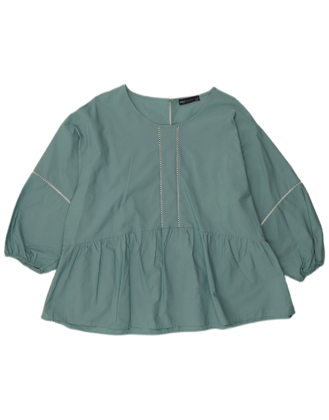Marks & Spencer Womens Long Sleeve Blouse Top UK 16 Large Green Cotton