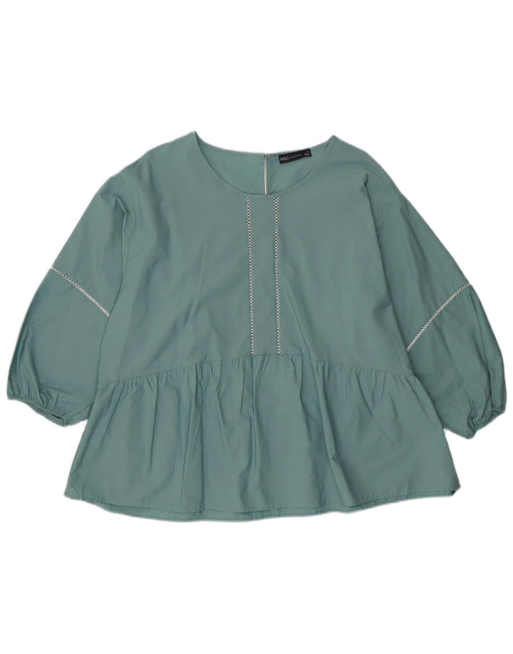 Marks & Spencer Womens Long Sleeve Blouse Top UK 16 Large Green Cotton