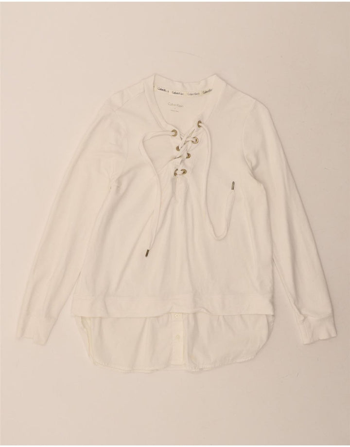CALVIN KLEIN Womens Oversized Top Long Sleeve UK 10 Small White Cotton Vintage Calvin Klein and Second-Hand Calvin Klein from Messina Hembry 