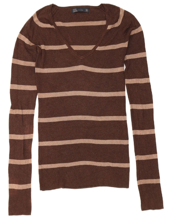 Zara Womens V-Neck Jumper Sweater UK 10 Small Brown Striped Rayon