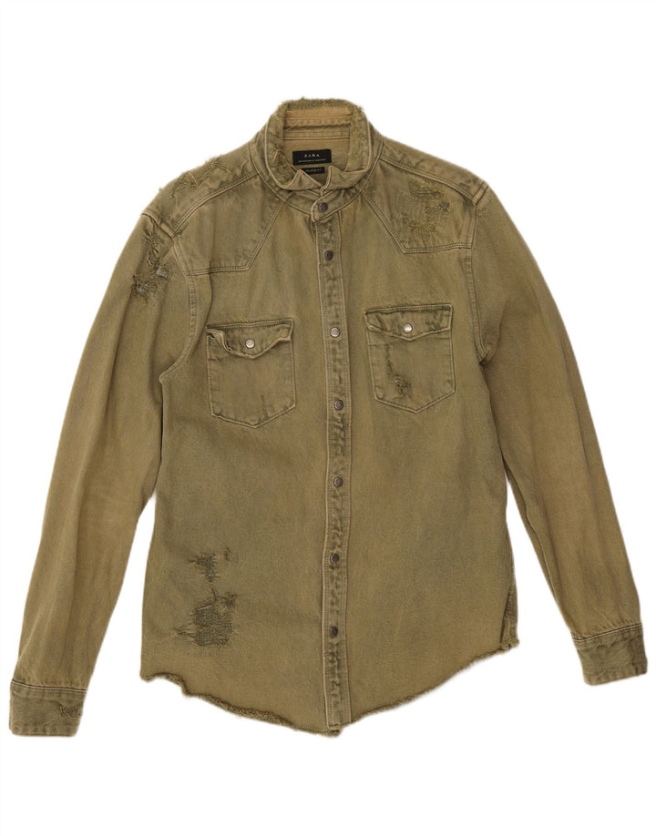 Zara Mens Distressed Relaxed Fit Denim Shirt Medium Khaki Cotton