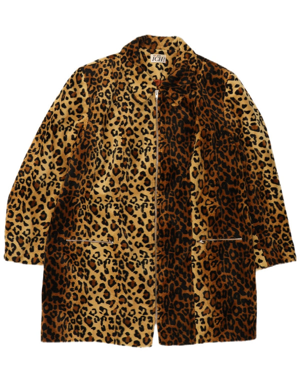 ICHI Womens Faux Fur Overcoat UK 16 Large Brown Animal Print Polyester