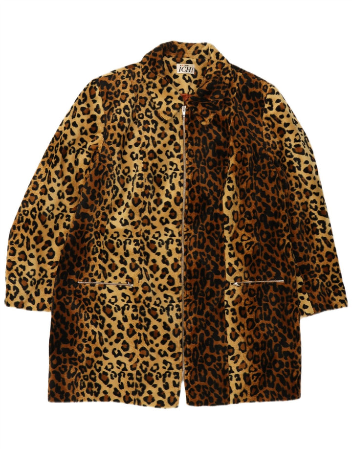 ICHI Womens Faux Fur Overcoat UK 16 Large Brown Animal Print Polyester