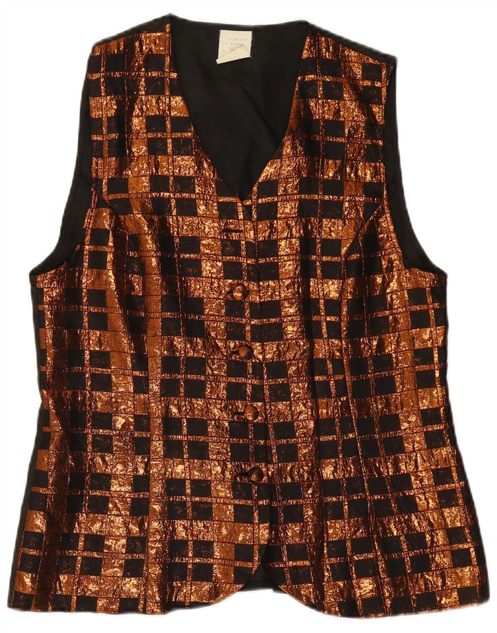 VINTAGE Womens Waistcoat UK 14 Medium Brown Check Polyester
