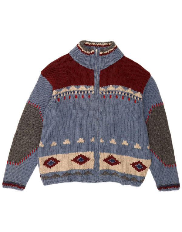 S.Moritz Mens Handmade Cardigan Sweater Large Blue Geometric Wool Novelty
