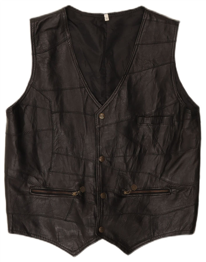 Vintage Mens Leather Waistcoat XL Black Patchwork
