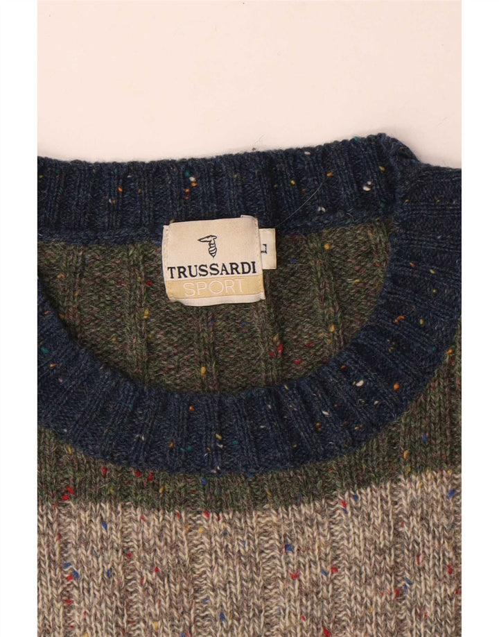Trussardi Mens Crew Neck Jumper Sweater Large Multicoloured Striped Wool