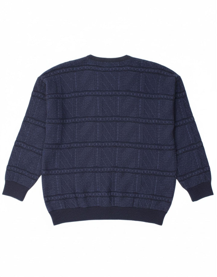 MONELLO Mens V-Neck Jumper Sweater IT 50 Medium Navy Blue Geometric Wool