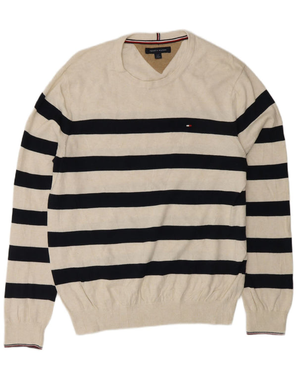TOMMY HILFIGER Mens Crew Neck Jumper Sweater Large Off White Striped
