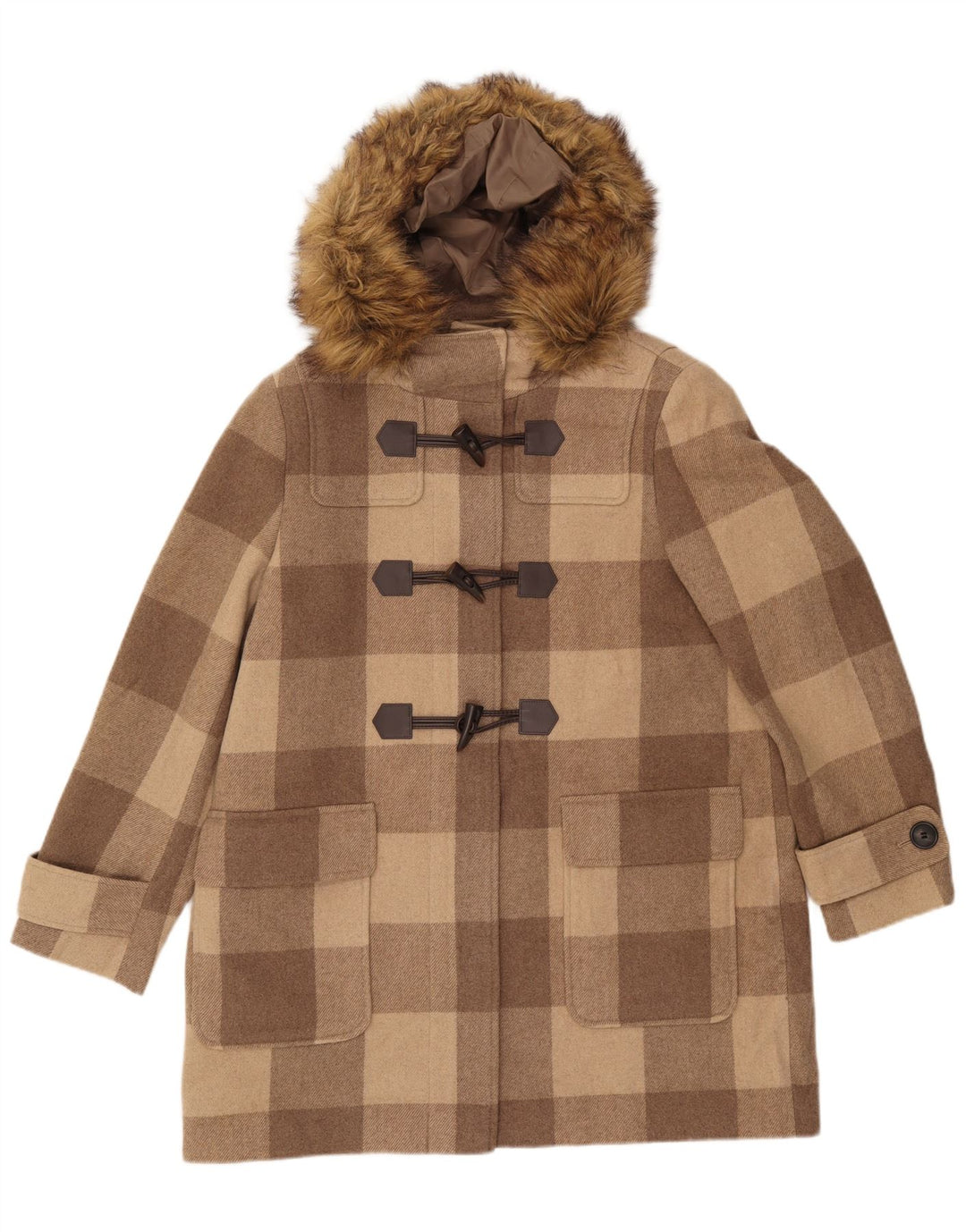MARKS & SPENCER Womens Hooded Duffle Coat UK 16 Large Brown Check