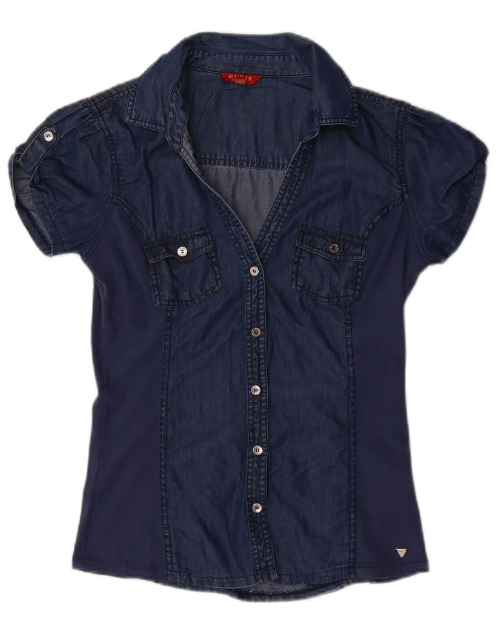 GUESS Womens Short Sleeve Denim Shirt Blouse UK 12 Medium Navy Blue Tencel