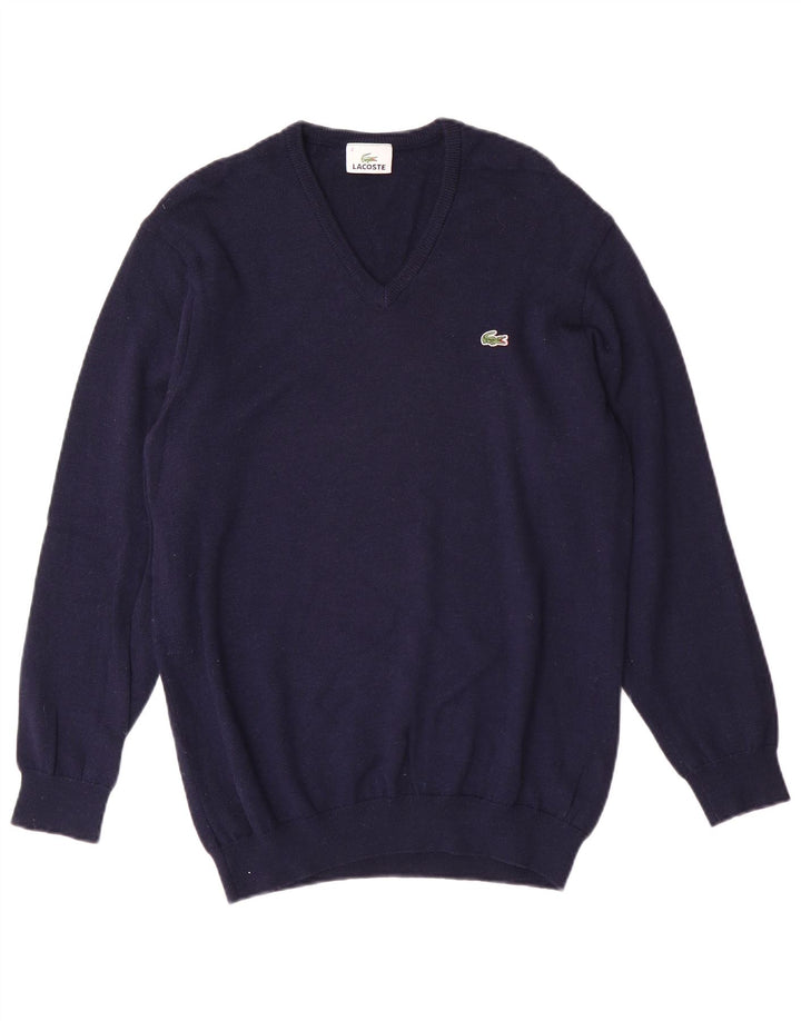 Lacoste Mens V-Neck Jumper Sweater Size 4 Medium Navy Blue Wool