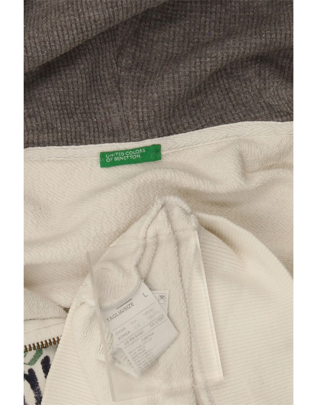 BENETTON Womens Graphic Zip Hoodie Sweater UK 16 Large White Cotton