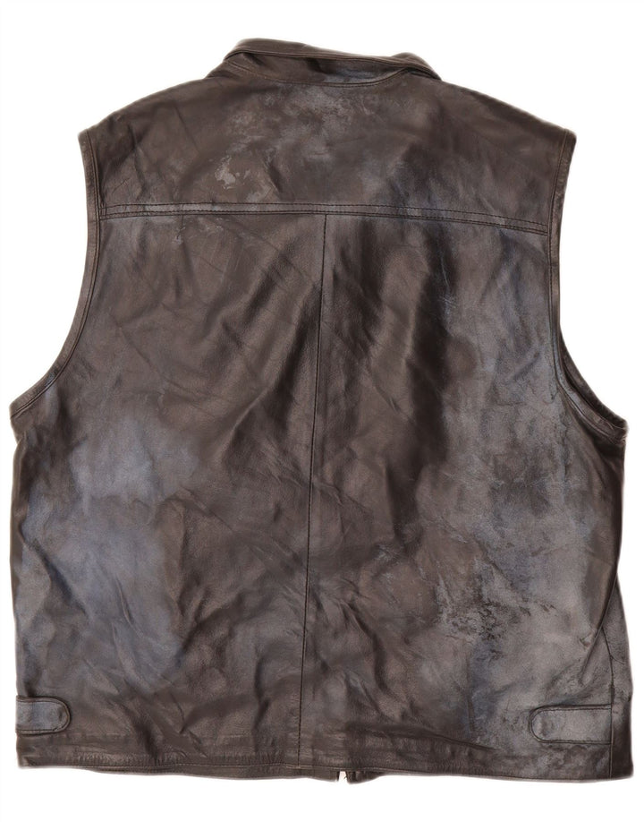 GREEN LEAVES Mens Leather Gilet Large Black Leather