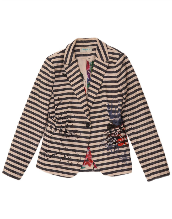 Desigual Womens Graphic Blazer Jacket EU 38 Medium Navy Blue Striped
