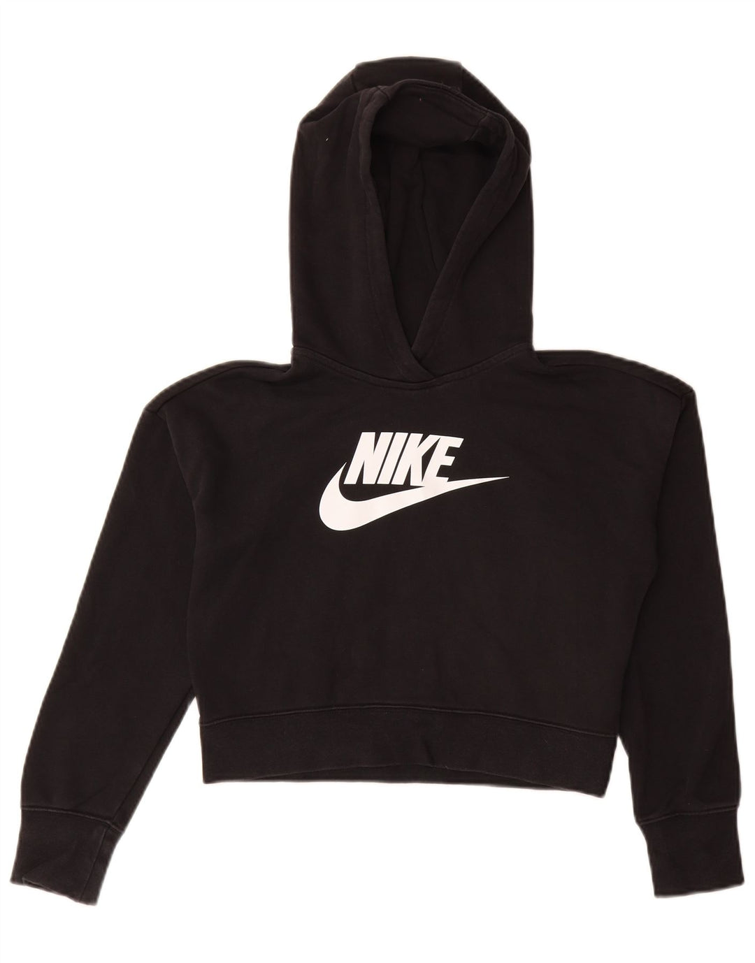 NIKE Girls Crop Graphic Hoodie Jumper 12-13 Year Large  Black Cotton